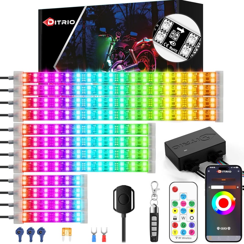 DITRIO 12PCS Double Row Motorcycle Led Lights with Brake Turn Signal,Underglow Light Kits with APP/RF Remote Control, Dual Zone,Waterproof,12V Pixelglow RGB Lights for Motorcycles, Golf Carts, UTVs - Image 1